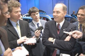 The new General Motors Chairman, Fritz Henderson, talks to reporters whn he was the head of Europe.