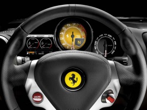 The paddle shifters and other key controls are located on the 2009 Ferrari California's steering wheel.