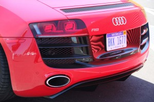 The rear of the Audi R8 V10 features new oval exhaust pipes, a lower diffuser and a pop-up spoiler that activates at 60 mph.